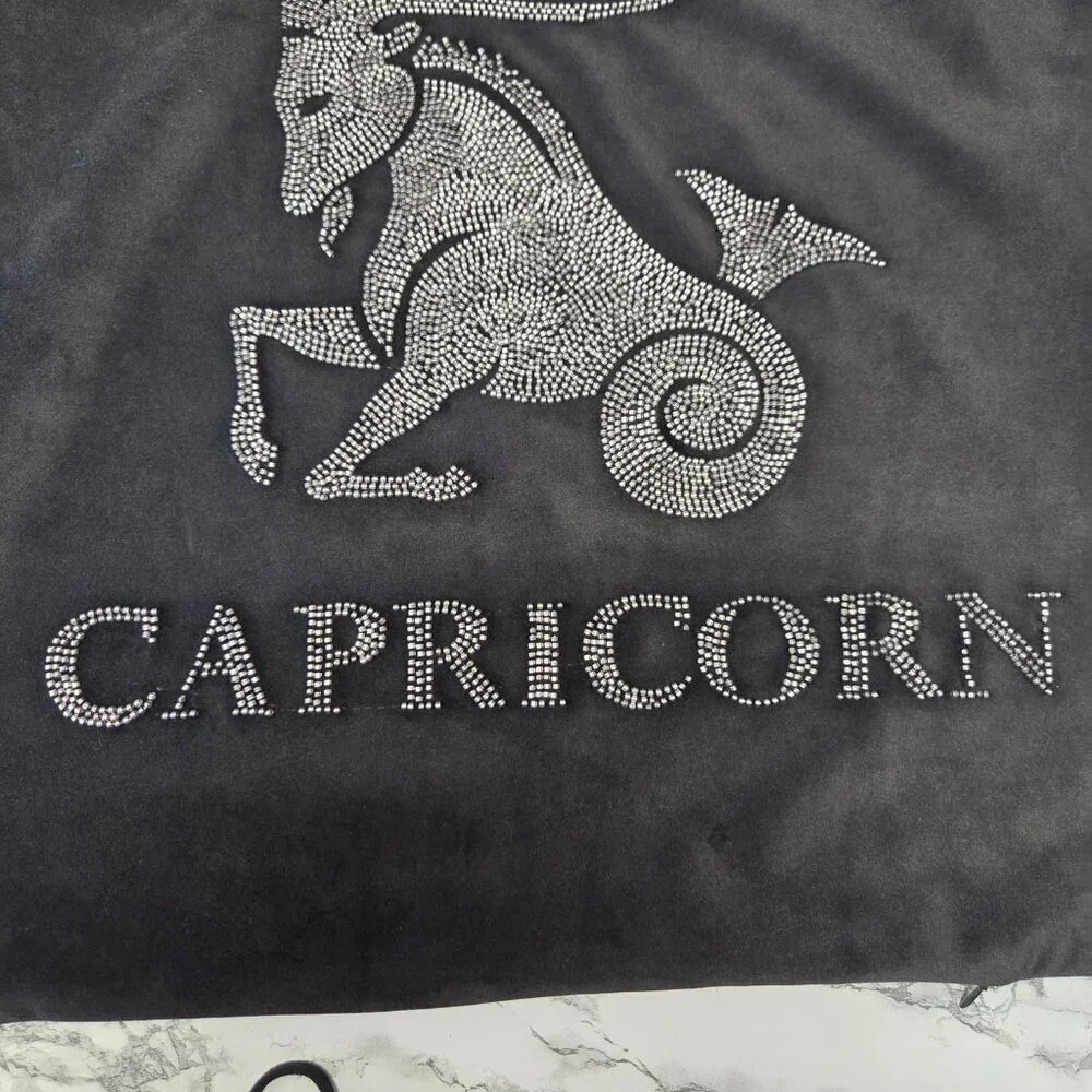 Capricorn Black Velvet Beaded Rhinestone Zipper Decorative Throw Pillow Cover